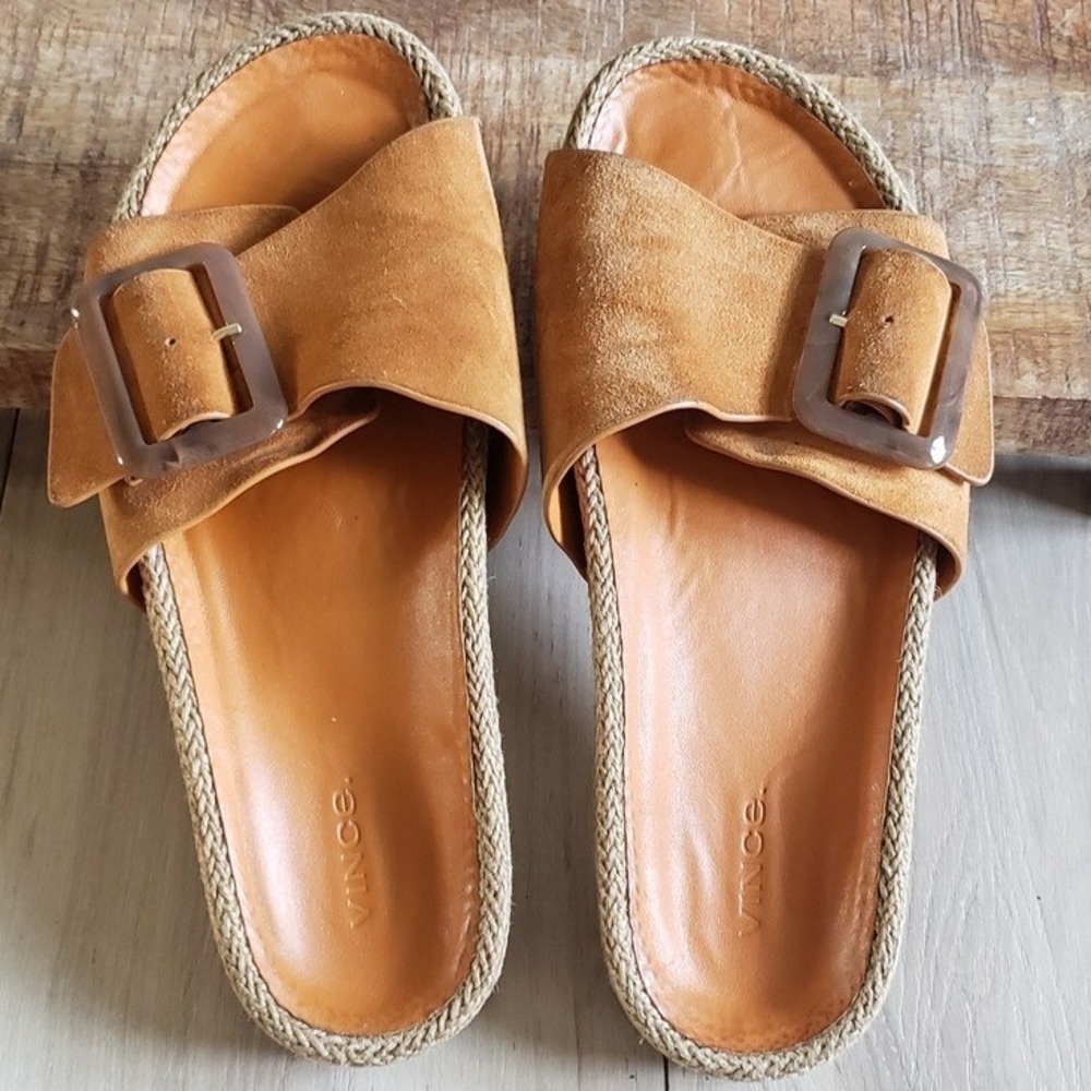 Vince Tan Suede Slide Sandals with Buckle